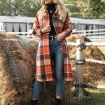 IDEALSANXUN Long Flannel Shacket Women Plaid Jacket Wool Coat Casual Shirt (Orange, Medium)