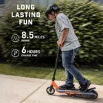 Mongoose React E2 Electric Scooter for Kids Ages 8+, 10MPH, 120lbs Max, Kickstand, Aluminum Frame, Foot Brake, Belt Drive, Orange/Black