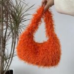 Faux Fur Fluffy Hobo Bag Furry Handbag Purse Y2K Fuzzy Tote Bag,Trendy Cute Plush Purse for Women (Tangerine)