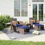 OC Orange-Casual 6 Piece Patio Wicker Furniture Set, Balcony All Weather Rattan Chair, with Space Saving Ottoman, Resin Nesting Coffee Table, Modern Design, Blue