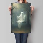 Nanxiwofee Vintage Cute Ghost Canvas Wall Art, Funny Ghost on A Swing in The Forest Aesthetic Poster, Gothic Dark Academia Wall Decor, Creepy Spooky Abandoned Art Halloween Pictures 12x16in Unframed