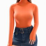 MANGOPOP Women’s Mock Turtle Neck Long Sleeve Tops Bodysuit Jumpsuit (Long Sleeve Orange, Medium)