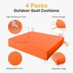 UNIKOME Outdoor Chair Cushions Pack of 4, Water Resistant Patio Cushions with Ties, High Density Sponge Filling Square Corner Seat Cushions for Outdoor Furniture, 18.5″x16″x3″, Orange