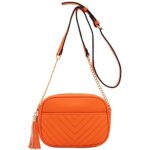 FashionPuzzle Chevron Quilted Crossbody Camera Bag with Chain Strap and Tassel (Orange)
