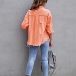 Perbai Womens Oversized Ripped Denim Jacket Frayed Hem Button Front Boyfriend Jean Coat Western Shacket with Pockets(Orange-M)