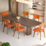 Nalupatio Dining Chairs Set of 6, Solid Wood Dining Room Chairs, Linen Kitchen Side Chairs with Cotton- Filled Seat and Backrest, Orange
