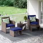 OC Orange-Casual 5 Pcs Patio Conversation Set Balcony Furniture Set with Cushions, Brown Wicker Chair with Ottoman, Storage Table for Backyard, Garden, Porch, Blue