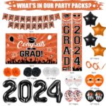 Orange Black Graduation Party Decorations 2024,Class of 2024 Graduation Party Supplies Include Congrats Grad Banner, Grad Backdrop, Porch Sign,Balloons,Foil Number 2024 for Graduation Party Supplies