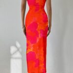 PRETTYGARDEN Women’s Summer Maxi Bodycon Dresses Strapless Tube Top Printed Long Party Club Slit Dress (Orange Red Big Floral,Small)