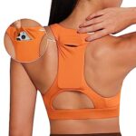 QUEENIEKE High Neck Sports Bra with Phone Pocket, Padded Racerback Bra for Women, Medium Support Sexy Running Gym Yoga Bras Size L Color Fluorescent Orange