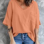 Dokotoo Womens Ladies Cute Spring Summer V Neck 3/4 Short Sleeve Cotton Tunic Tops Blouses Spring Solid Color Casual T-Shirts Work Business Loose Shirts Orange Large