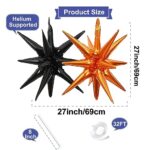 6 Pieces 27 Inches Black Orange Explosion Starburst Balloons, Large 14-Pointed One-Piece Cone Stars Fireworks Aluminum Foil Balloons for Halloween Birthday Graduation Backdrop Party Decorations