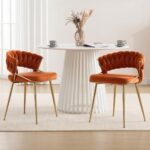 DUOMAY Velvet Dining Chairs Set of 6 – Woven Dining Room Chairs with Gold Metal Legs- Modern Upholstered Accent Chair for Dining Room, Kitchen, Vanity, and Living Room, Orange
