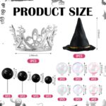 Geelin 42pcs Witch Theme Party Supplies Black Balloons Cake Topper Mini Balloons, Silver Plastic Crown and Black Women Witch Hat Fantasy Cake Decoration Balls for Birthday Cake Decoration