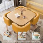 Round/Square Modern Dining Table Set, Conference Table With 4 Chairs for Small Meeting Room, Kitchen and Living Room (Orange)