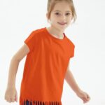 Noomelfish Girls Short Sleeve Fringe T-Shirts Soft Jersey Cotton Tee Tops, Orange, Size 5-6 Years