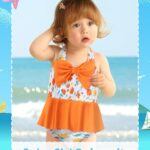 Kucnuzki Baby Girl Swimsuit One Piece Bathing Suit Orange Flower Bikini Bow Tie Baby Girl Bathing Suit 12-18 Months Toddler Swimsuit Girl