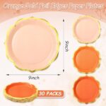 Whaline 30Pcs Orange Paper Plate Gold Foil Scalloped Disposable Plate Retro 3 Colors Dinner Plate For Fall Thanksgiving Party Supplies Table Decor, 9 Inch