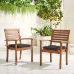 OC Orange-Casual Stackable Patio Dining Chairs Set of 2, Outdoor Acacia Wooden Chairs w/Armrest & Removeable Fabric Cushion, for Porch, Backyard, Garden, Indoor, Dark Grey