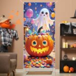 Halloween Door Cover, Funny Ghost Trick or Treat Front Porch Sign Banner, Cute Halloween Decoration and Supplies for Home