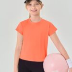 Haloumoning Girls Loose Athletic Shirts Short Sleeve Crop Tops Kids Quick Dry Gym Yoga Tees 5-14 Years Orange