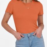 ANRABESS Women Short Sleeve Crewneck Ribbed Knit Slim Fitted Shirts Summer Tops Basic Tee T-Shirt Casual Spring 2025 Clothes Orange Large