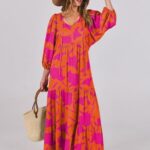 ANRABESS Womens Boho Maxi Dresses 2025 Summer V Neck Puff Sleeve Floral Flowy Swing Casual Long Dress Orange Rose Floral Medium