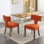 LKTART Mid Century Modern Dining Chair Set of 6, Linen Upholstered Kitchen Chairs with Solid Wood Legs and Curved Backrest, Farmhouse Chairs with Copper Nails Accent Chairs for Dining Room Orange