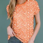 EVALESS Womens Elegant Polka Dot Tops Crewneck Short Sleeve T Shirts Fashion Outfits 2025 Spring Summer Loose Fit Shirts Orange Large