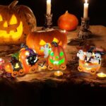 Hexagram Halloween Table Decorations Lighted Train, Halloween Centerpieces for Tables Pumpkin Decor with Black Cat Ghost Figurines, Indoor Outdoor Home Tabletop Decor