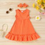 YOUNGER TREE Toddler Girl Summer Sundress Sleeveless Casual Dress Ruffle Hem Cotton Solid Outfits with Bowknot(12-18 Months, Orange)