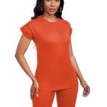 PINSV Women 2 Piece Outfits Summer Sweatsuits Track Suits Biker Short Workout Jogger Sets Orange XL