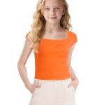 NUMYEAN Crop Tops for Girls Square Neck Short Sleeve Shirt Girls Summer Tops Slim Fit Tops Basic Tee Orange 11-12 Years