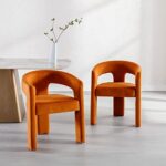 Orange Dining Chair Set of 2, Velvet Upholstered Modern Barrel Chair, Round Dining Chairs with Wooden Legs, Assembled Accent Armchairs for Dining Room/Living Room/Bedroom/Side