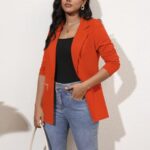 Genhoo Women’s Jacket Blazer Solid Color Casual Knit Blazer with Pockets Orange X-Large