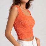 Niceyoo Women’s Square Neck Wide Strap Crop Tank Tops Summer Going Out Tops Slim Fit Lettuce Trim Crop Cami Orange,XS/S