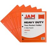 JAM PAPER Heavy Duty Plastic 3 Hole Punch Pocket Folders – Extra Tough School Folders – Orange – 6/Pack