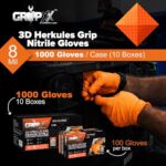 GRIPXX Herkules Grip Heavy Duty 8Mil Orange Nitrile Gloves,3D Raised Diamond Texture-Latex & Powder Free-Industrial, Mechanic (10, Large)
