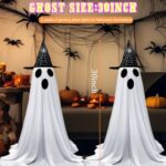 2Packs Halloween Decorations Outdoor, Halloweens Decoration Indoor Spooky Ghost with Witch Hat, Halloween-Ghost with 8 Modes String Lights for Front Porches Yards Lawn?Warm White?