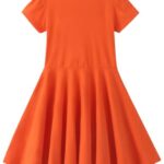 Noomelfish Girls Short Puff Sleeve Dress Summer Casual Knit Swing Twirl Skater Dresses with Pockets, Orange, Size 7-8 Years