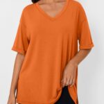 Trendy Queen Oversized Tshirts for Women Workout Plus Size Tops V Neck Short Sleeve Tunic Side Slit Outing T Shirts 2025 Spring Summer Casual Clothes Loose Fit Basic Tees Orange 3XL