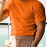 XINGCOOL Men’s Ribbed Knit T-Shirts Short Sleeve Casual Crewneck Slim Fit Textured Pullover Tees Orange