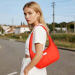 TOPDesign Puffer Shoulder Bag for Women, Ultra Lightweight Hobo Tote Handbag, Mini Clutch Purse with Zipper, Adjustable Strap (Red Orange)