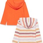 Amazon Essentials Boys’ Lightweight Long-Sleeve Hooded T-Shirt, Pack of 2, Beige Stripe/Orange, X-Small
