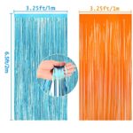 MIKIMIQI 2 Pack Blue Orange Foil Metallic Fringe Curtains for Party Decorations Blue Orange Curtain Backdrop Streamer for Birthday Party Dart War Party Supplies Party Decors, 3.25ft x 6.5ft x 2pcs