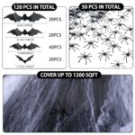 Famoby 1200 sqft Halloween Spider Webs and 120pcs Fake Bats and 50pcs Fake Spiders Super Stretch Cobwebs Party Decorate for Halloween Theme Indoor and Outdoor Decoration