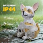 QOCNAM Halloween Decor Outdoor Solar Dog Statue Garden Decorations Holding Skeleton Statue Lights with 360° Spinning Glowing Eyes Ghost Garden Decor & Creative Gifts