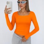Trendy Queen Womens Long Sleeve Shirts Crop Tops Fall Fashion 2025 Square Neck Going Out Basics Tees Y2k Clothes Orange S