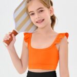 Haloumoning Girls Training Bra Kids Cute Ruffle Sports Bra Workout Yoga Bra Comfort Dance Crop Top Orange