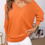 MEROKEETY Women’s 2025 Fall Long Sleeve Sweater V Neck Winter Tops Casual Lightweight Knit Pullover Shirts, Orange, Medium